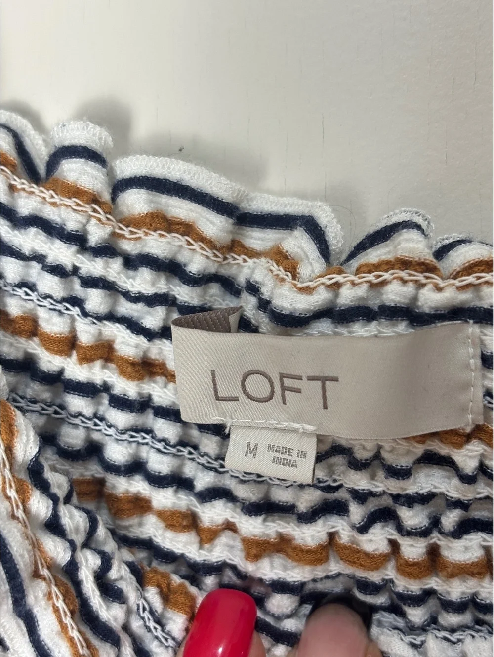 LOFT Womens Medium Smocked Stripe Puff Sleeve Top Cottagecore Coastal Boho